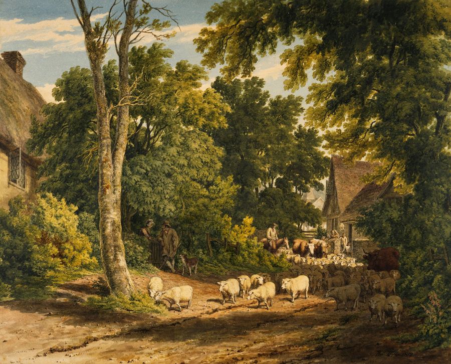 Village Scene with Sheep — English Pastoral, c.1800
